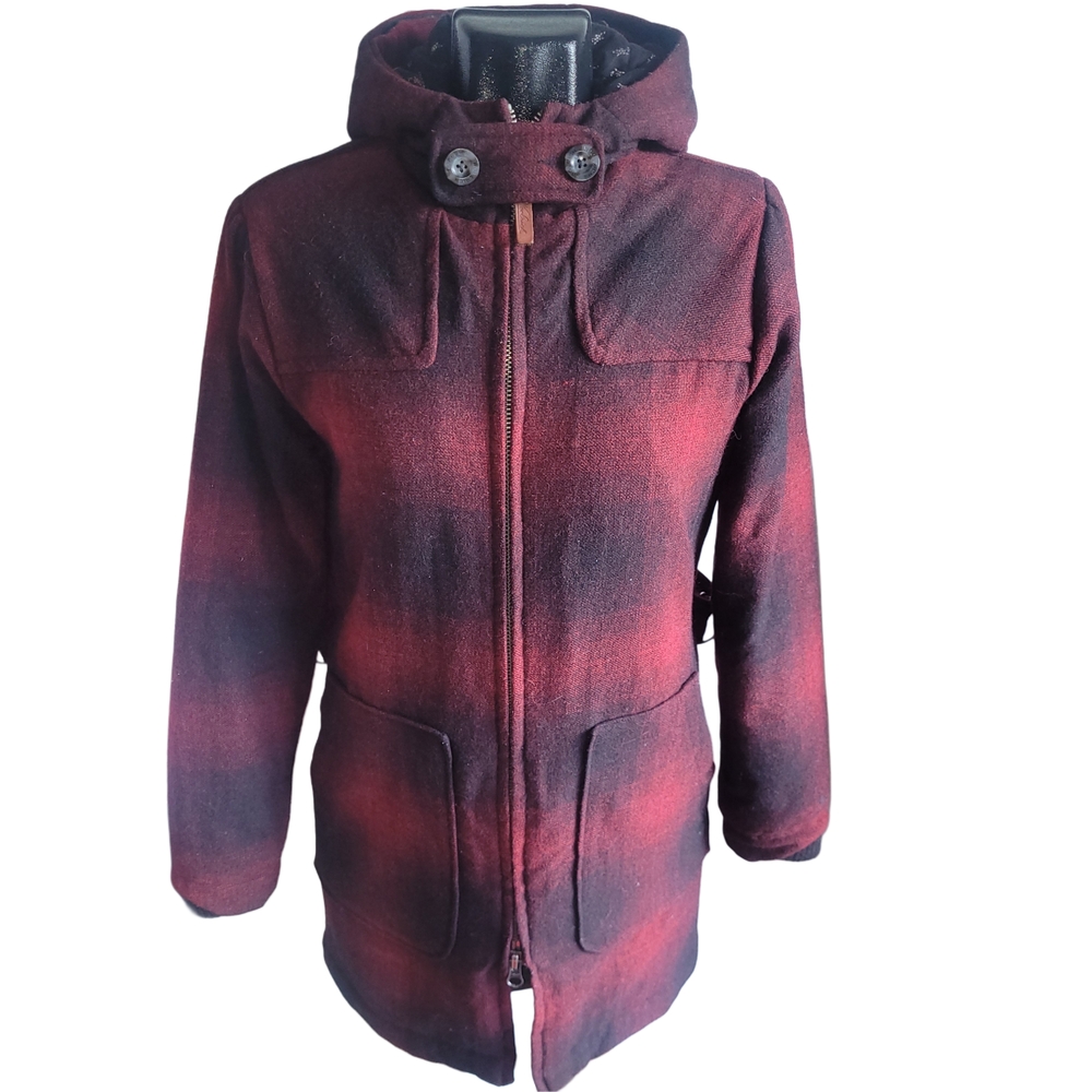 Woolrich Plaid Ombre Red Hunt Style Hooded Wool Blend Coat S - Picture 2 of 12